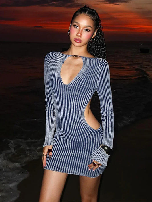 Striped Knitted Cut Out Long Sleeve Mini Dress