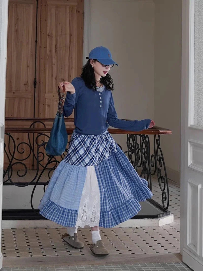 Plaid Patchwork Midi Skirt - Streetwear A-Line
