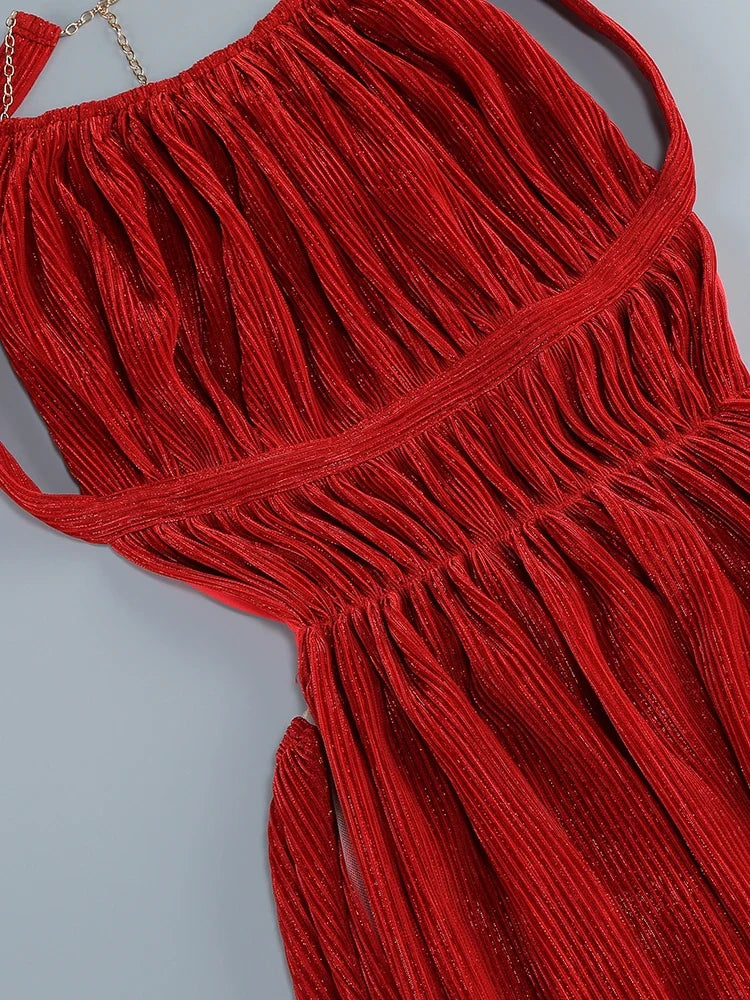 Red Pleated Halter Open Back Maxi Dress