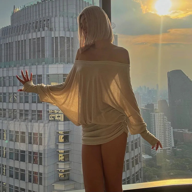 Sheer Off-shoulder along Sleeve Puff Mini Dress