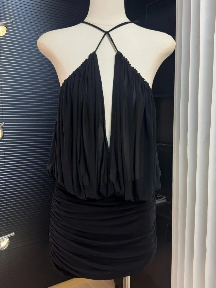 Halter Mesh Ruched Mini Dress