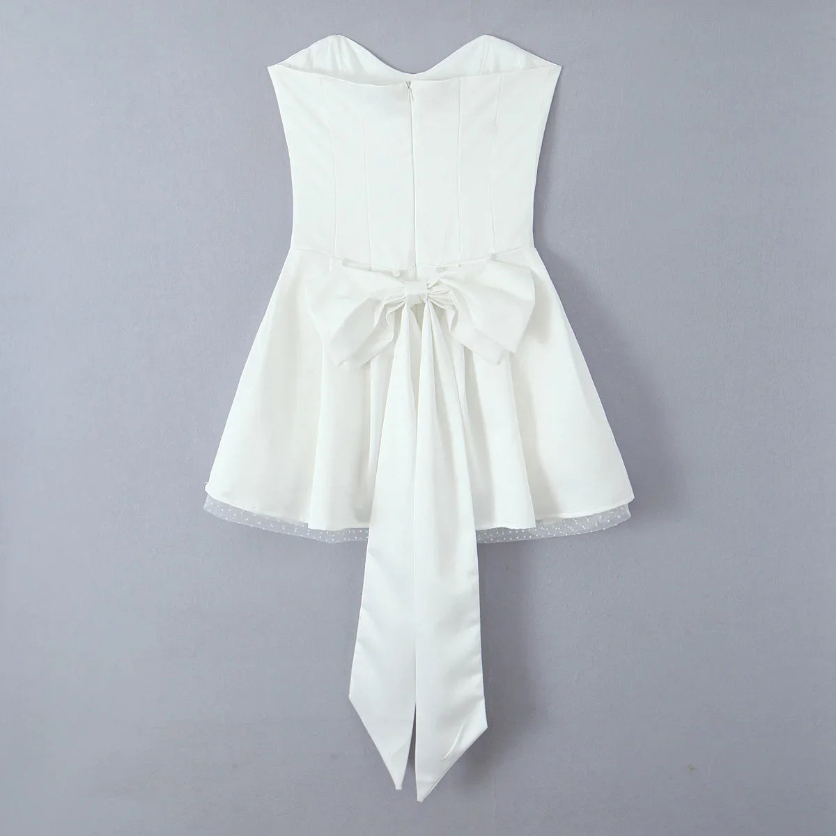 White Satin Tulle Back Bow Mini Strapless Dress