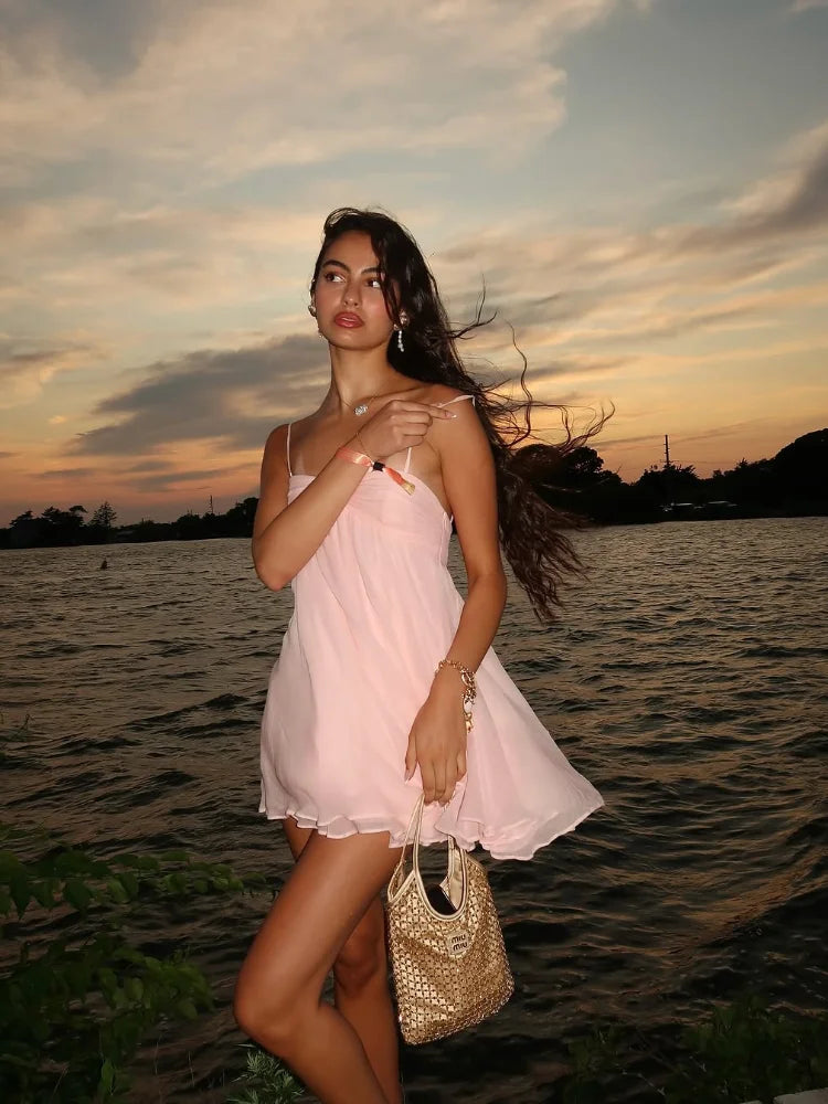 Pink Chiffon Ruffles Sling Mini Dress