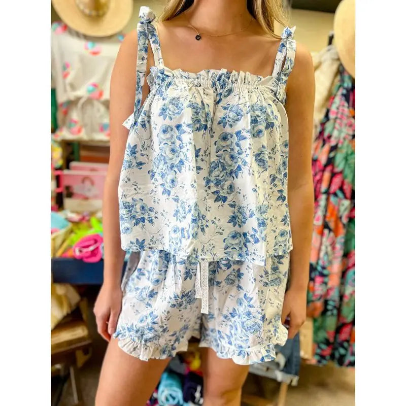 Floral Print Tie Up Top And Elastic Shorts Lounge Set