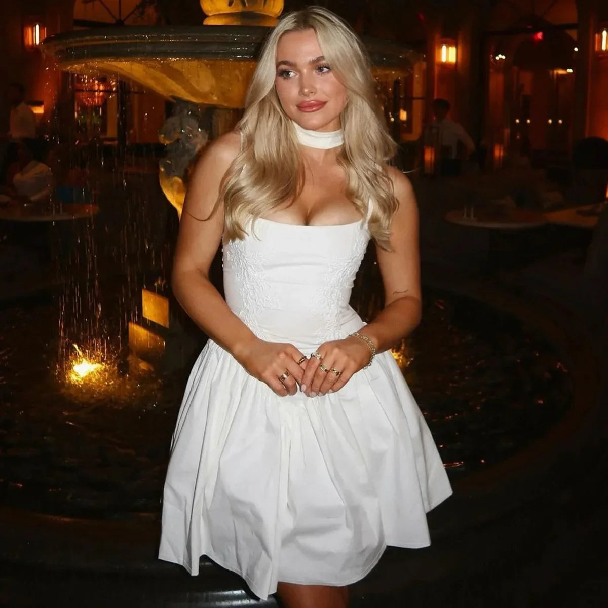 Embroidered Strap Pleated Mini Dress