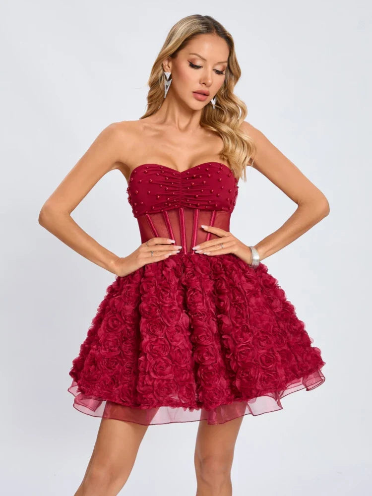 Red Mesh 3d Floral Frill Beaded Strapless Mini Dress