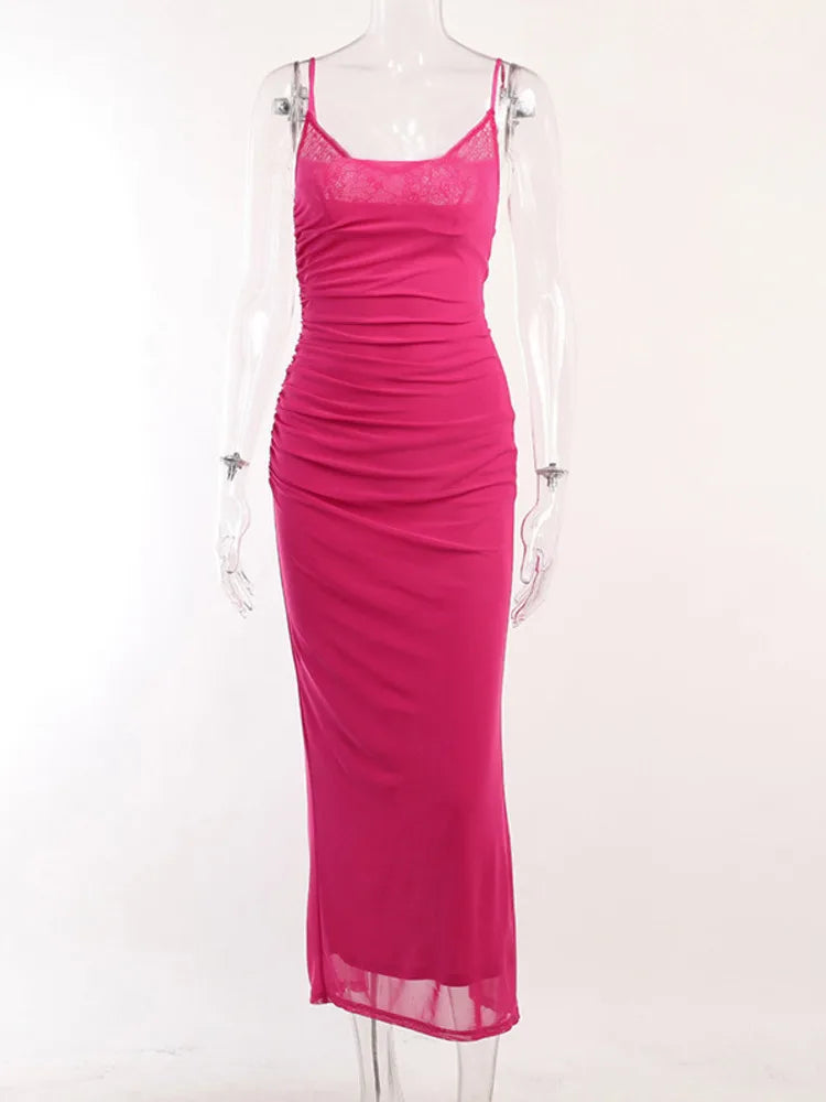 Mesh Pink Ruched Bodycon Strap Midi Dress