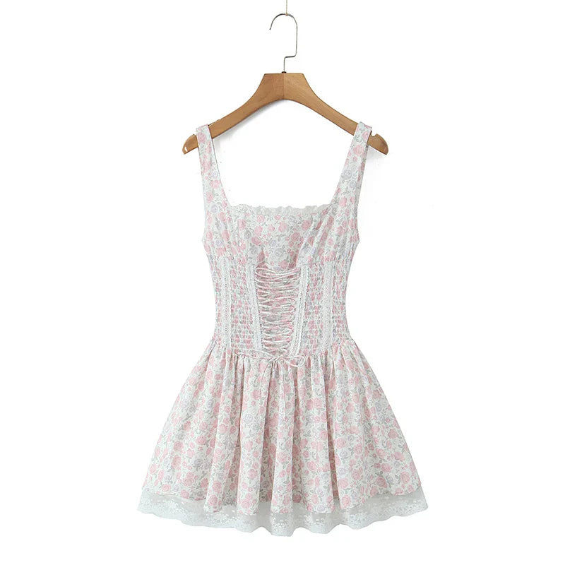 Floral Print Lace Patchwork A-line Mini Dress
