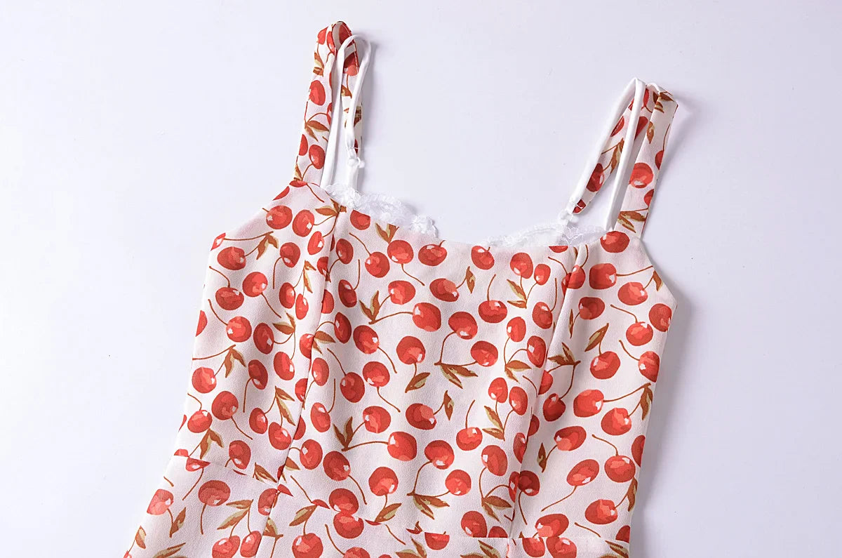 Cherry Print Strap Midi Dress