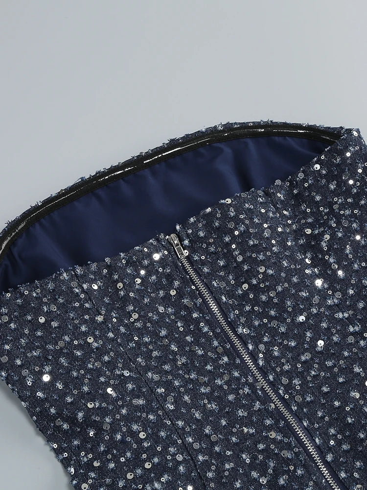 Strapless Denim Sequin Mini Dress