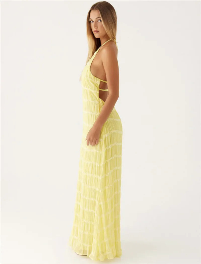 Halter Textured Open Back Maxi Dress