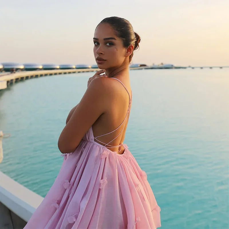 Pink Flare Cami Mini Dress - V-Neck Tie-Up