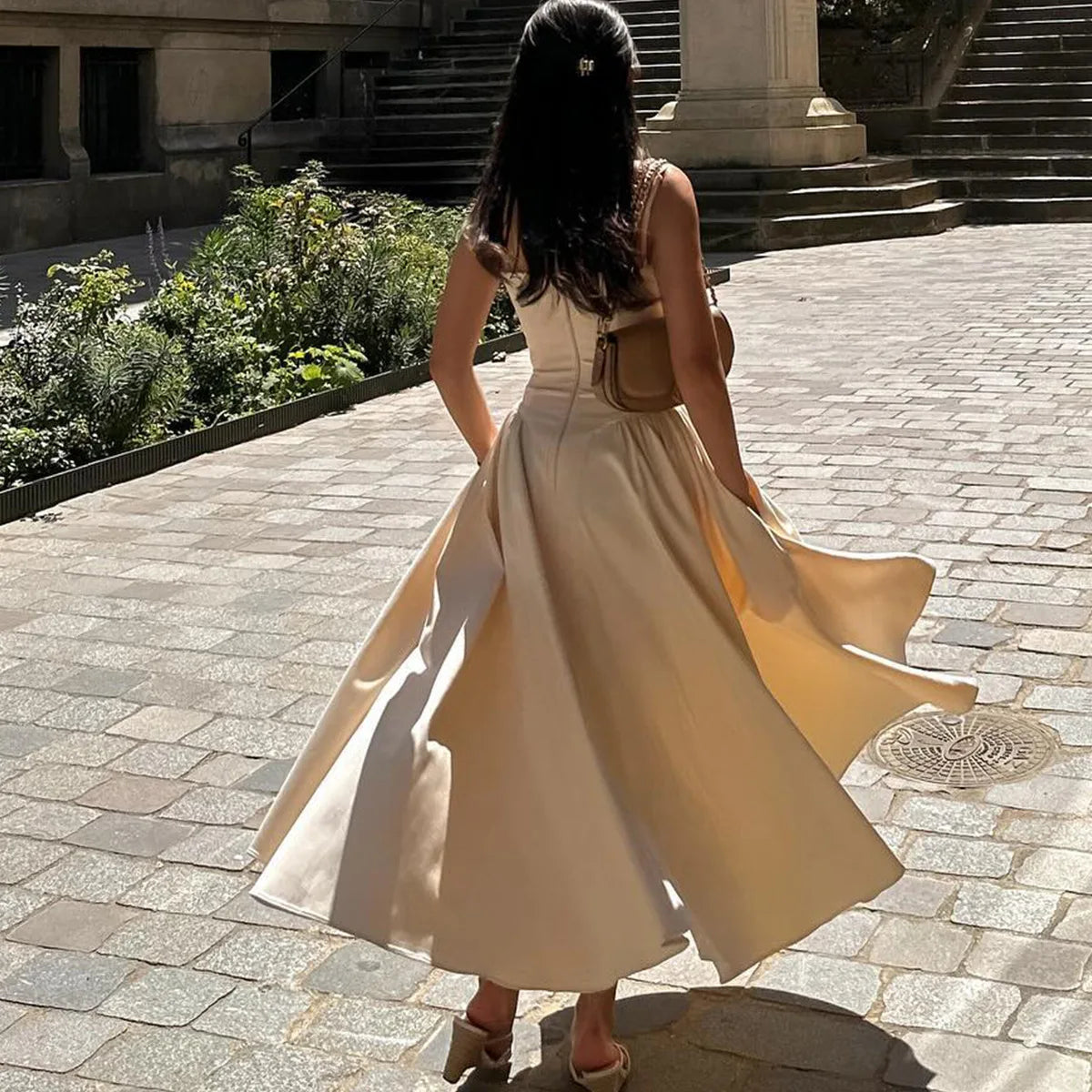 Solid Spaghetti Strap Bustier Pleated Midi Dress