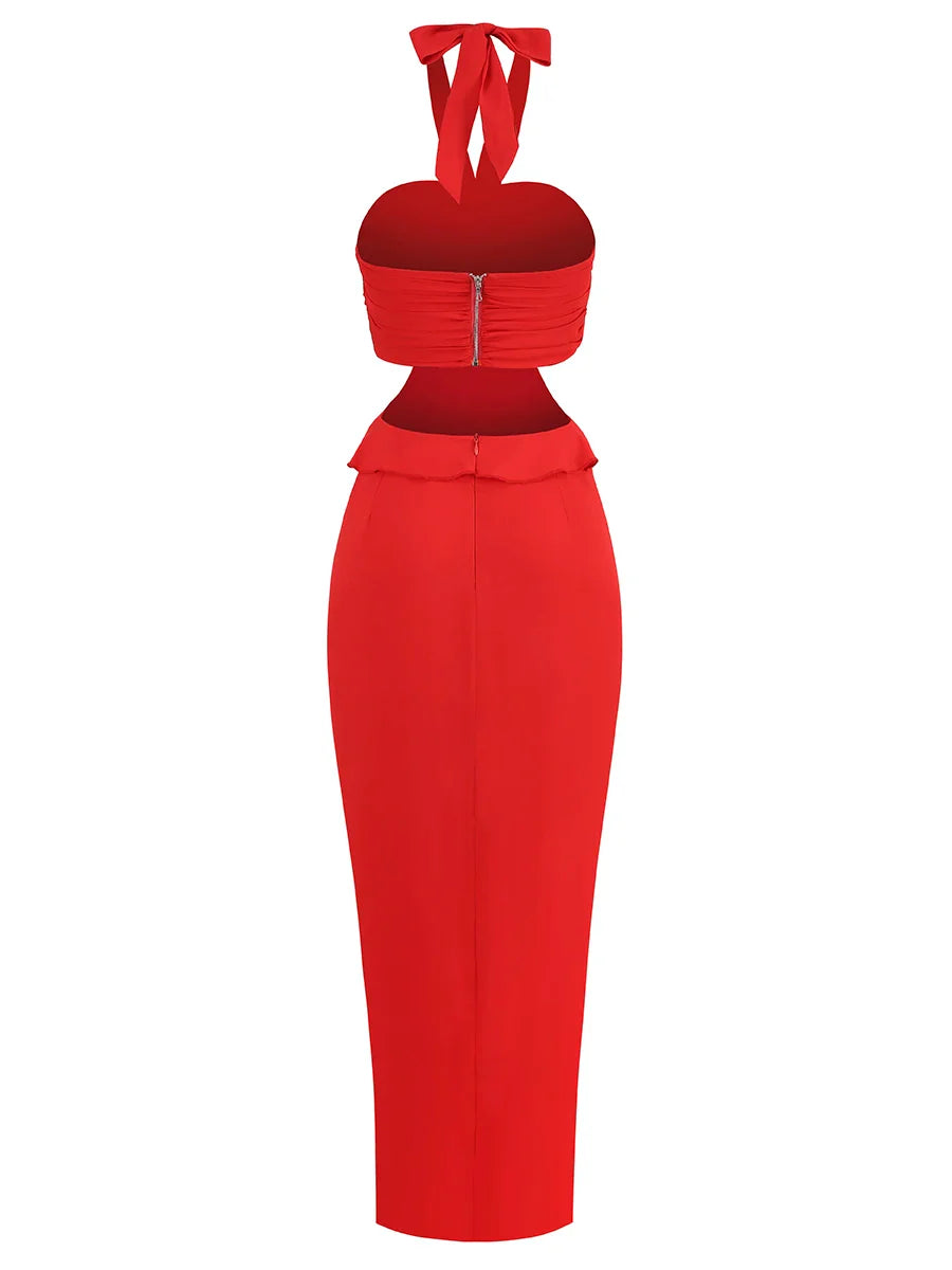 Red Flower Ruffles Halter Maxi Dress