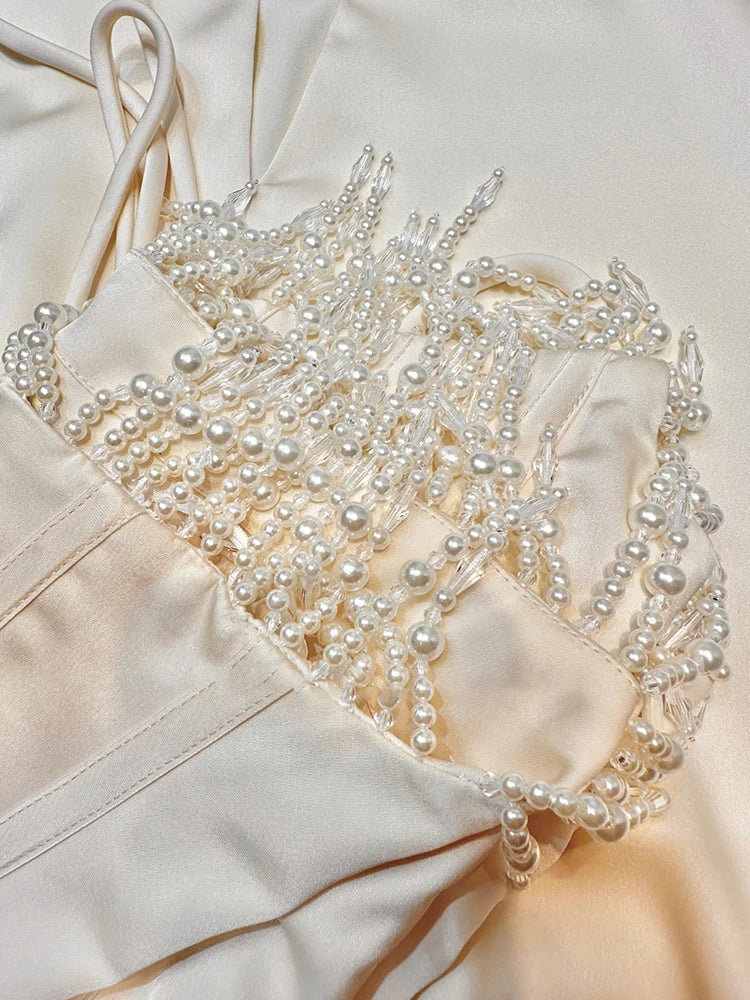 Satin Pearl Tassel Corset Tube Midi Dress