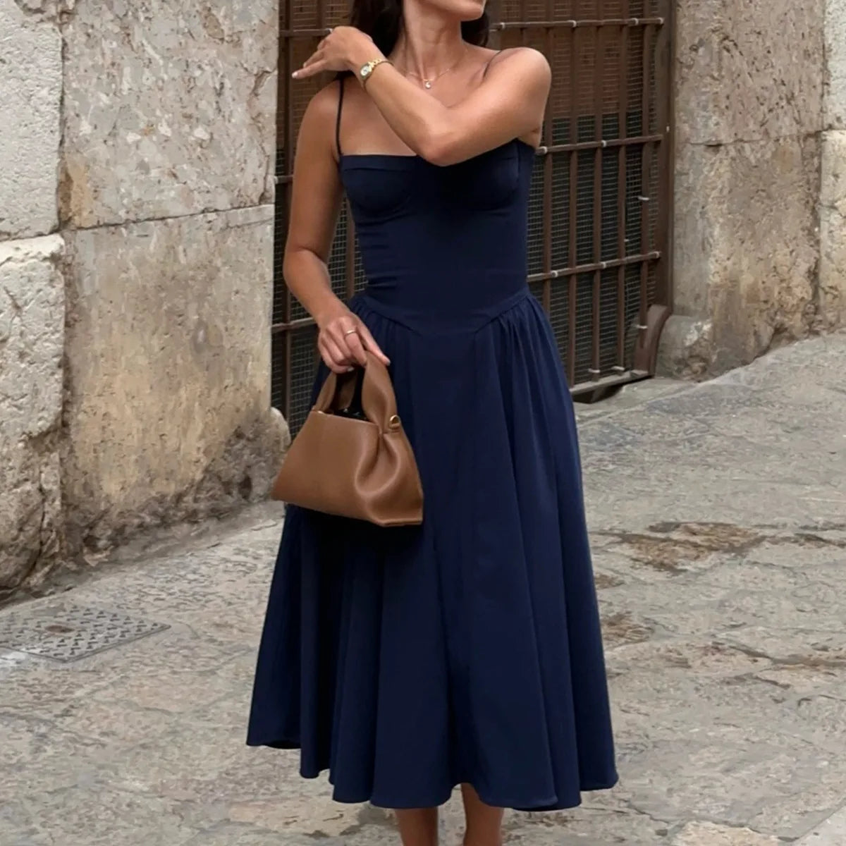 Solid Spaghetti Strap Bustier Pleated Midi Dress