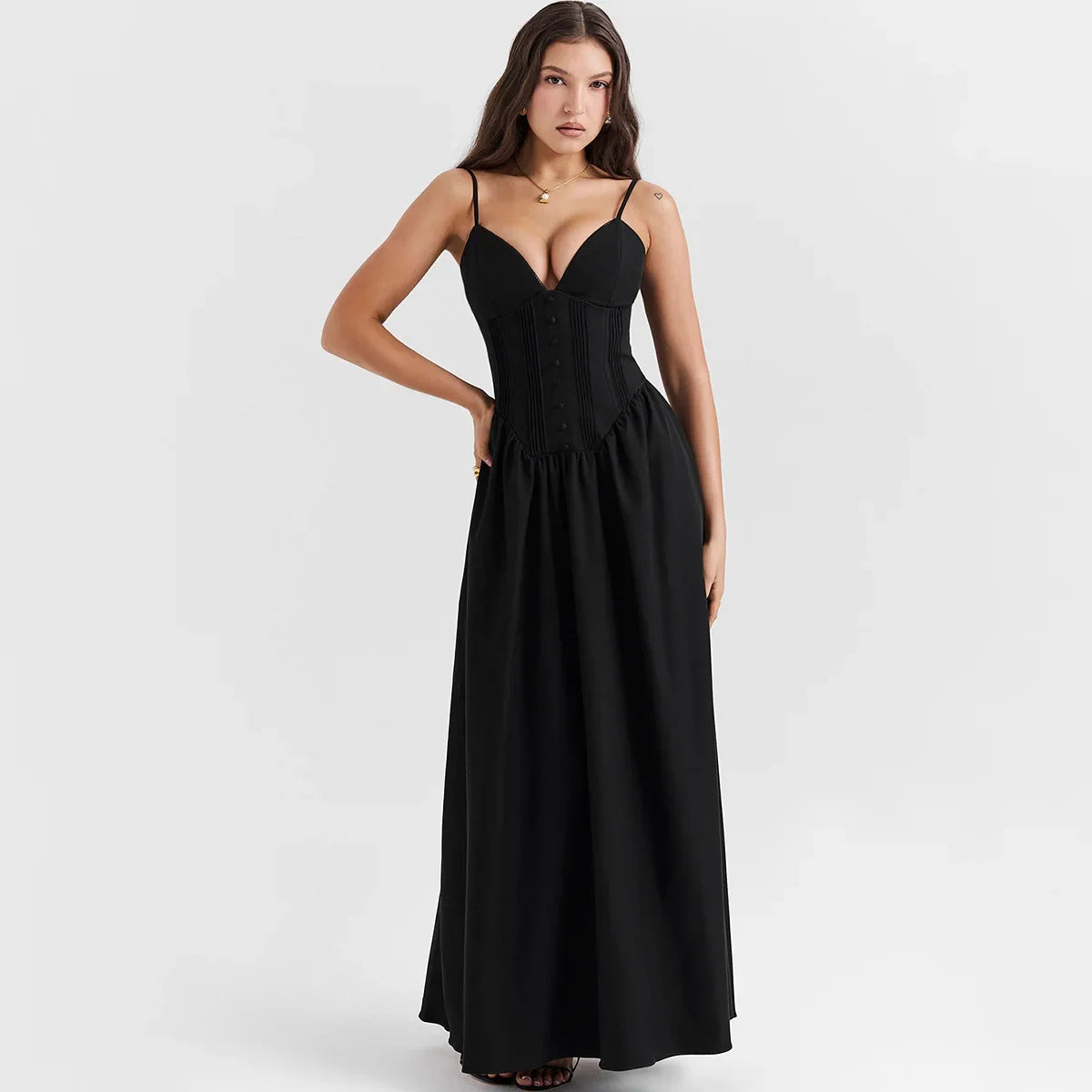 Black Buttoned  V-Neck Spaghetti Strap Maxi Dress