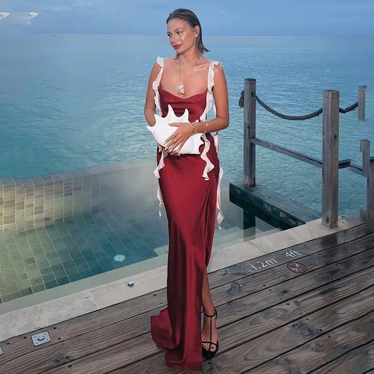 Frill Strap Satin Midi Dress