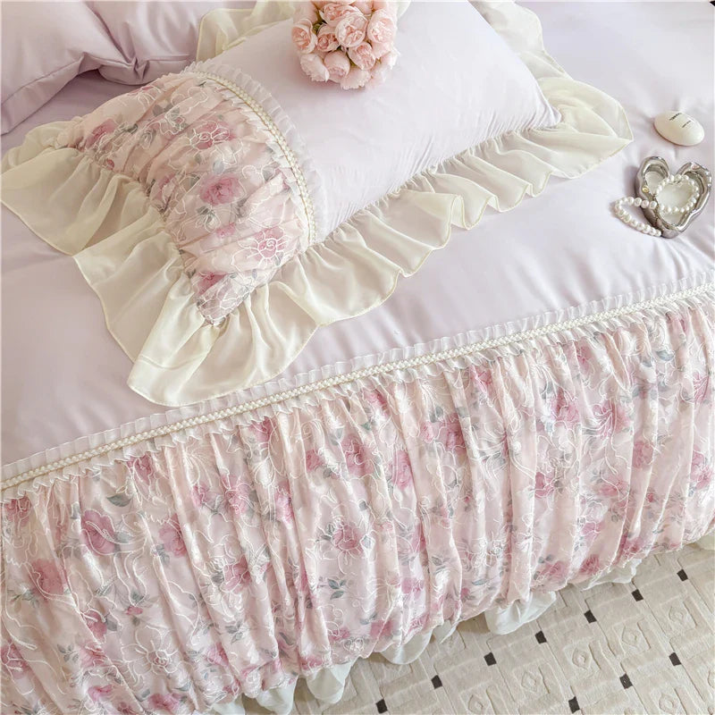 Princess Style Duvet Cover Sets with Lace Embroidery Bed Cover for Girls  Queen/King Size 이불커버 Soft Pink Bedding with Ruffles