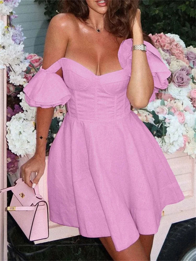 Pink Off-shoulder Frill Strap Mini Dress