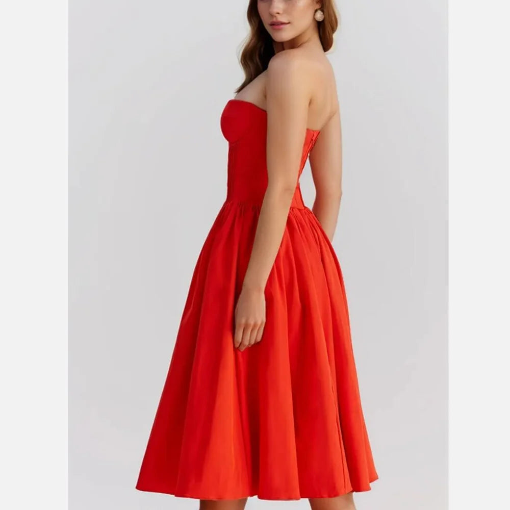 Red Bustier Pleated Flare Midi Dress