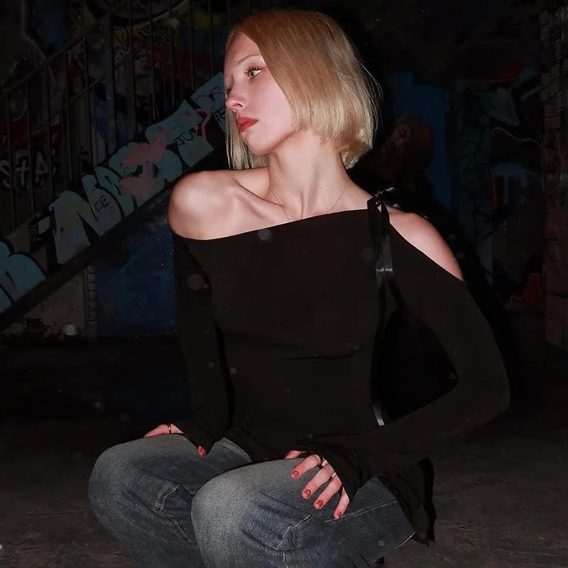 Long Shoulder Tie Up Hollow Out Mini Dress