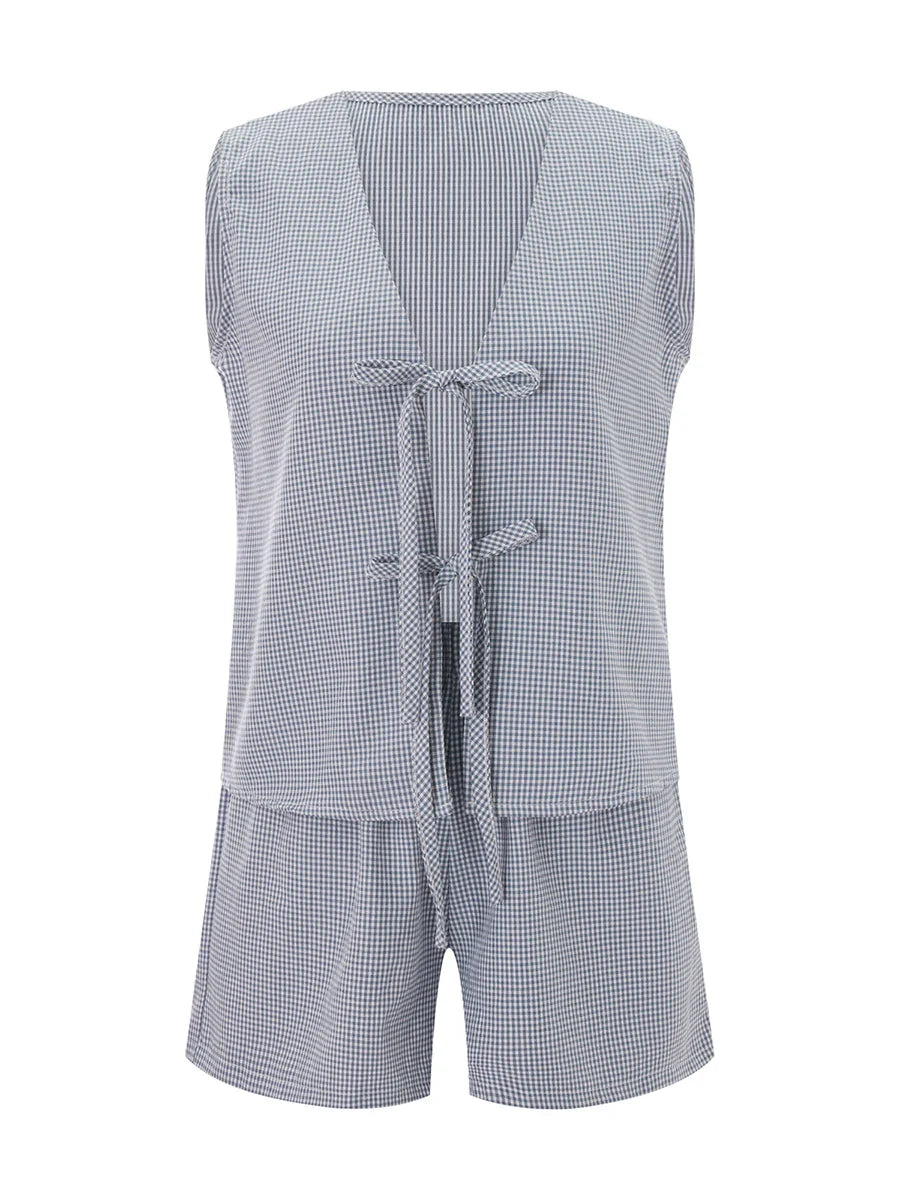 Plaid Tie Up Top And Shorts Set