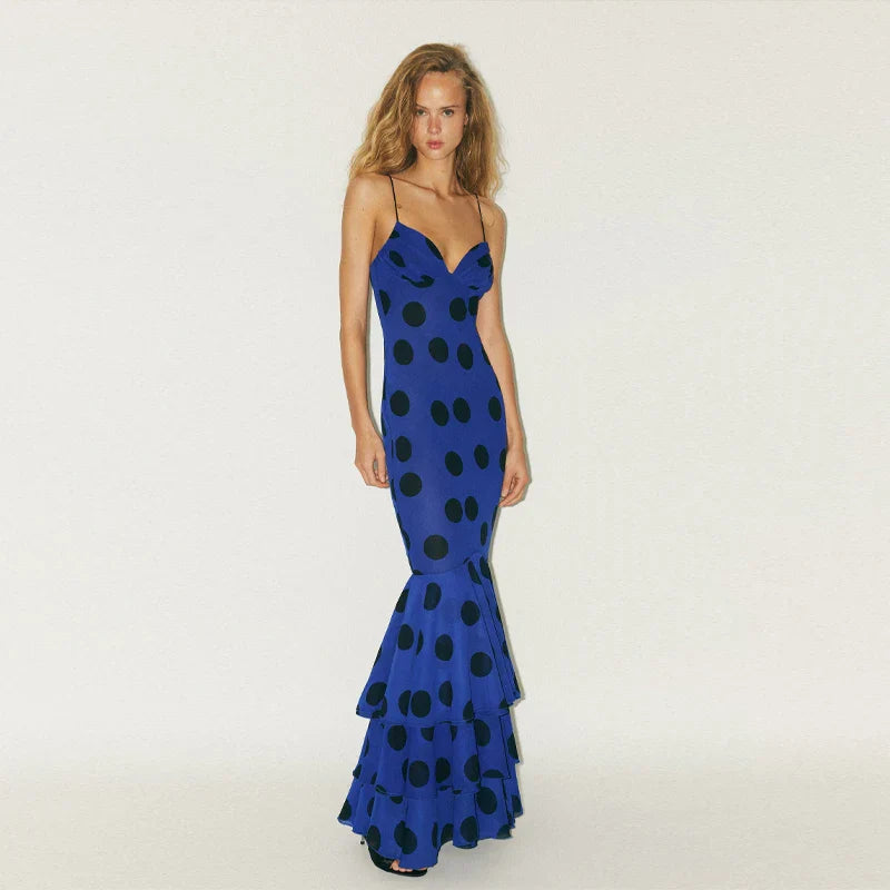 Spaghetti Straps Print Polka Dot Maxi Dress