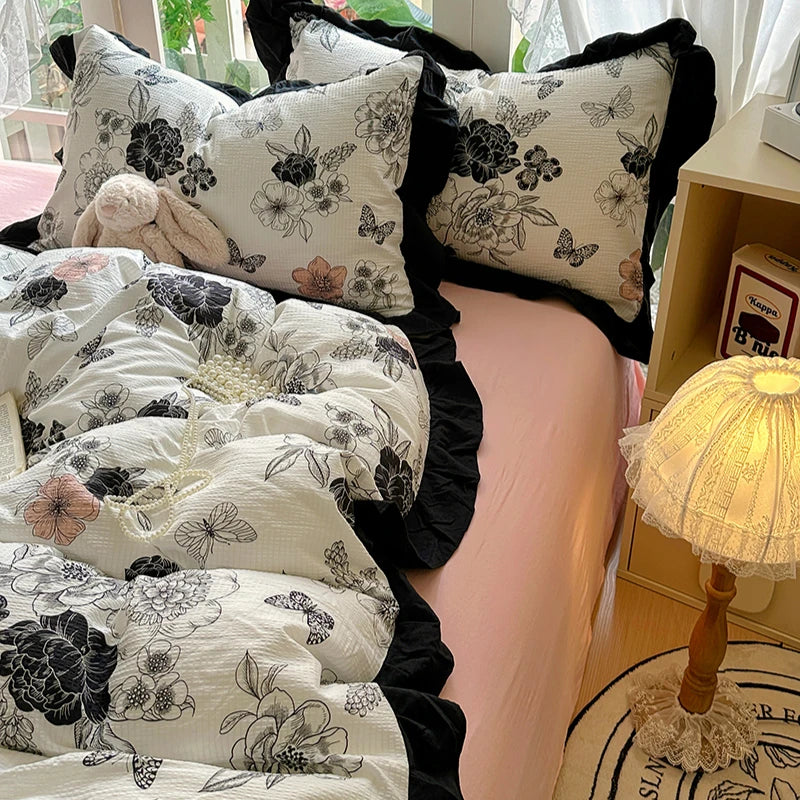 New French Lace Wash Quilt Cover Korean-style Romantic Herben-style Black Print Four-piece Set Skin Friendly Bedding Set