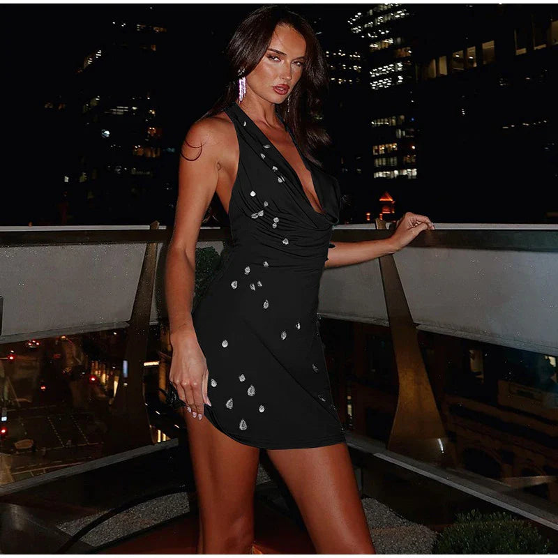 Cowl Neck Halter Water Drop Bead Mini Dress