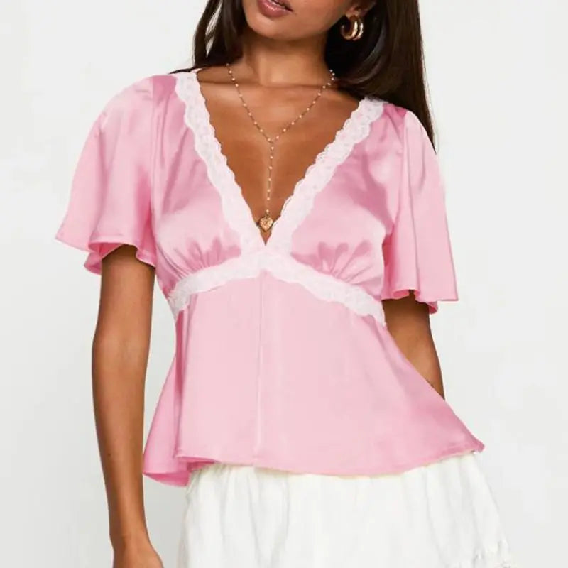 Lace Trim Flare Sleeve Top - High Street Chic