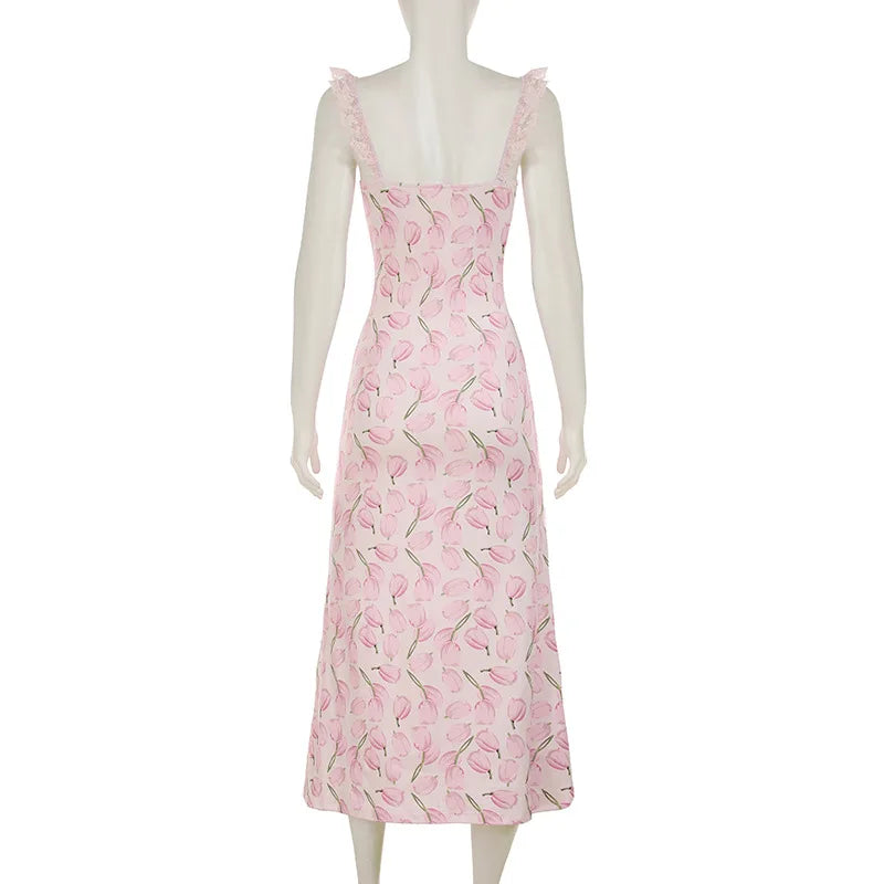Pink Tulip Print Lace Strap Midi Dress