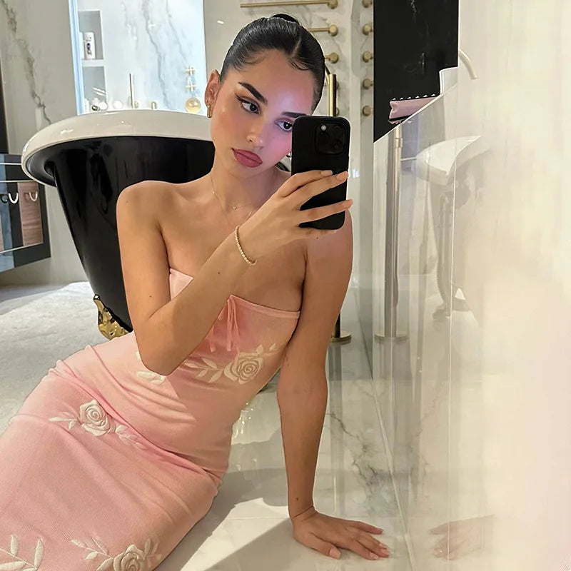 Pink Rose Embroidery Strapless Maxi Dress
