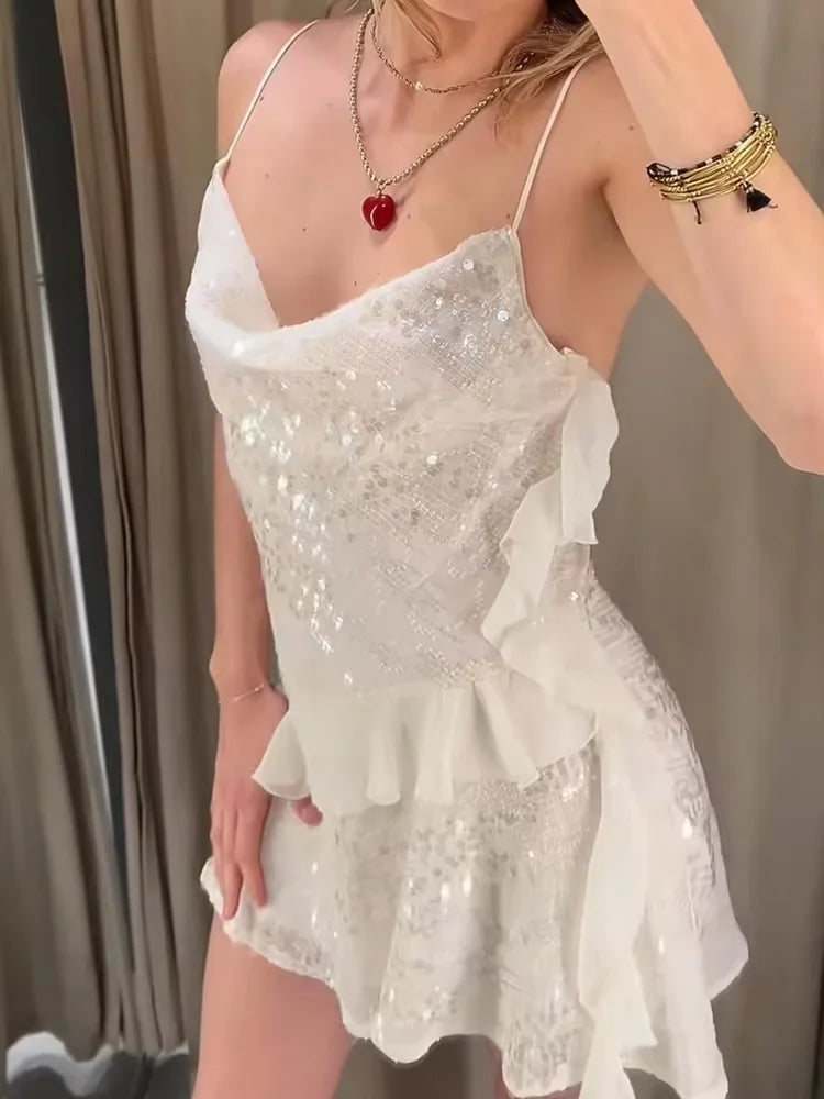 Sequin Layered Ruffle V-neck Sleeveless Mini Dress