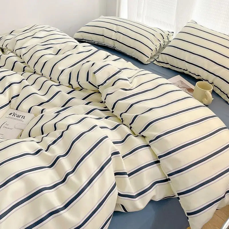 Simple Style Red And Blue Strip Duvet Cover Set Bed Sheet Set Washed Cotton Bedding Set