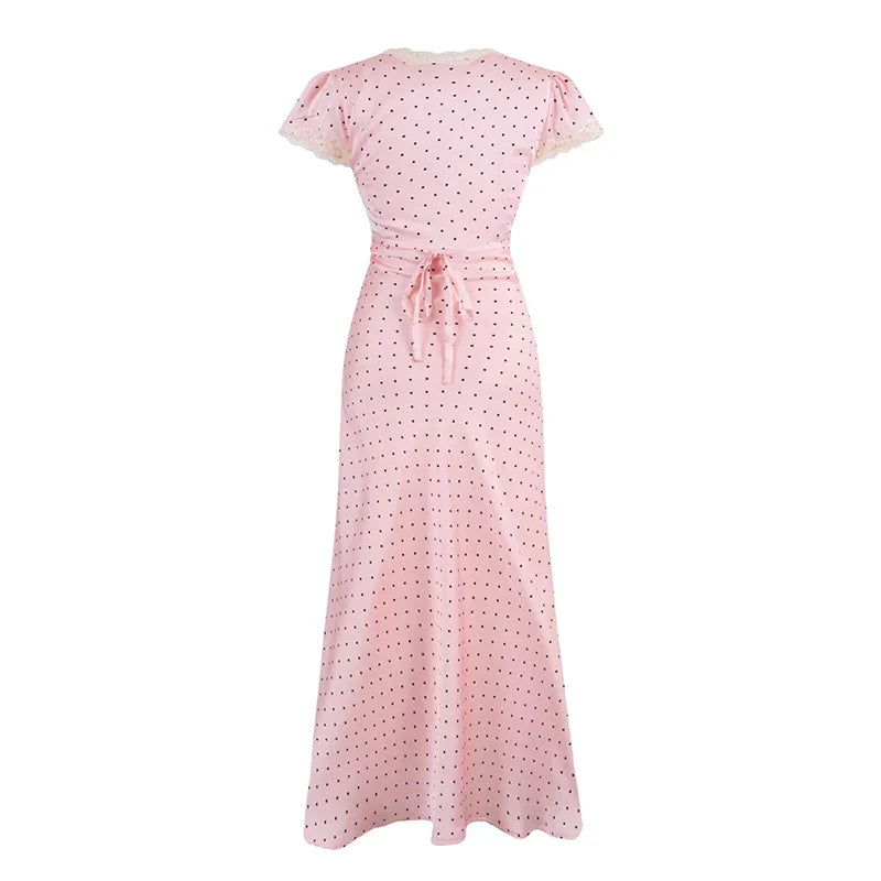 Pink Dotted Print Lace Trim Maxi Dress