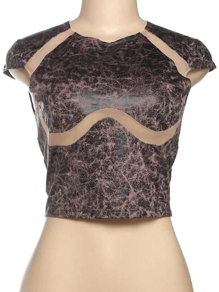 Pu Printed Patchwork Short Sleeve O-neck Top