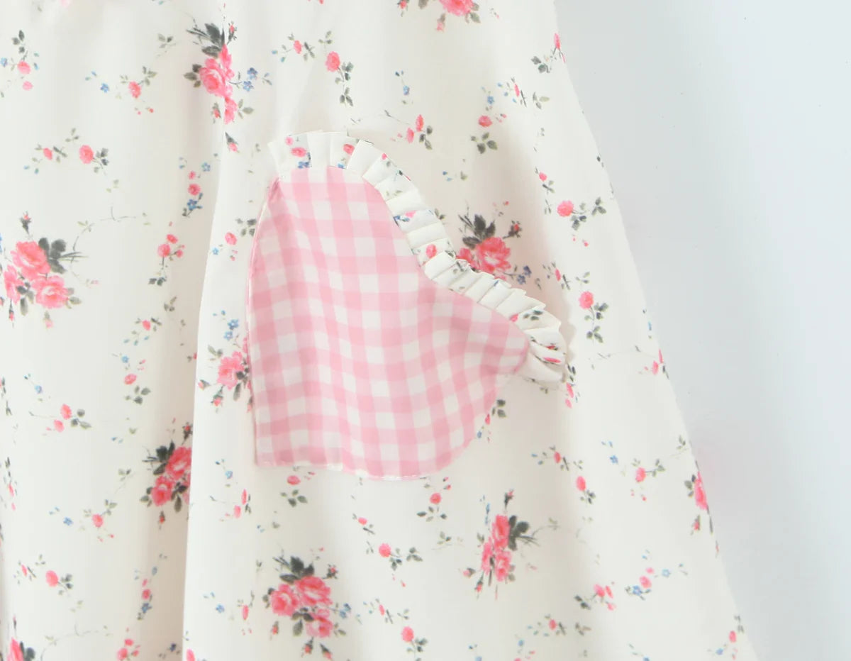 Pink Heart Pockets Floral Print Mini Dress