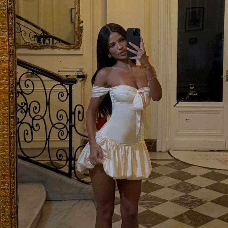 White Satin Off Shoulder Elastic Puff Mini Dress