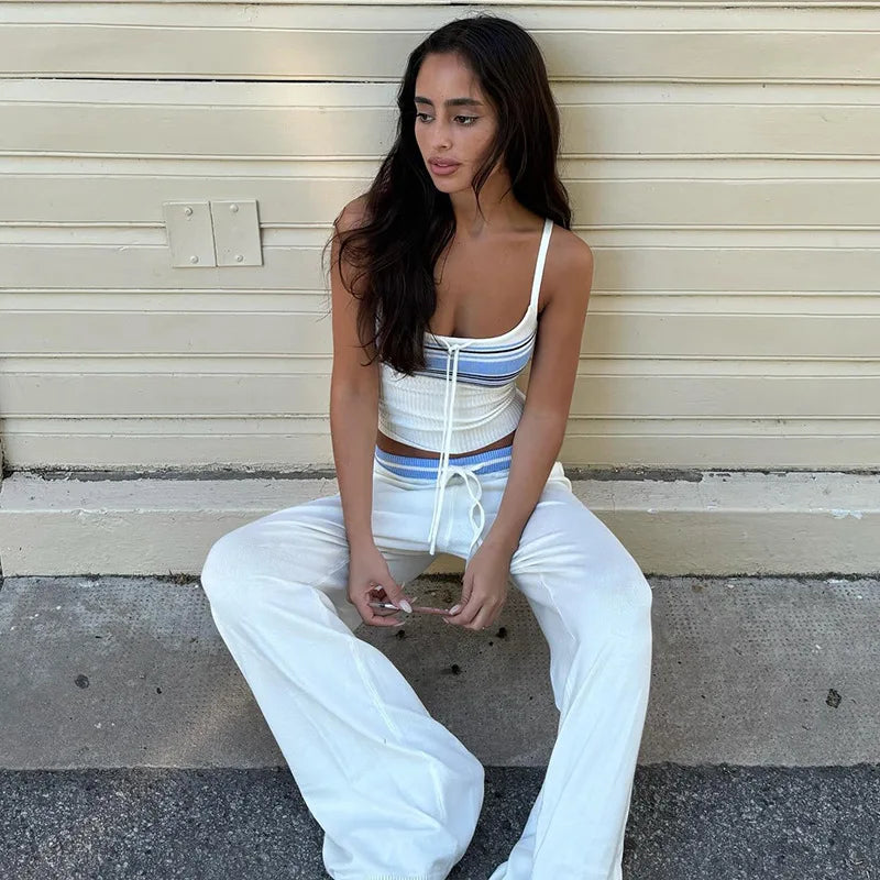 White Contrast Stripes Knitted Cami Top And Pants Set