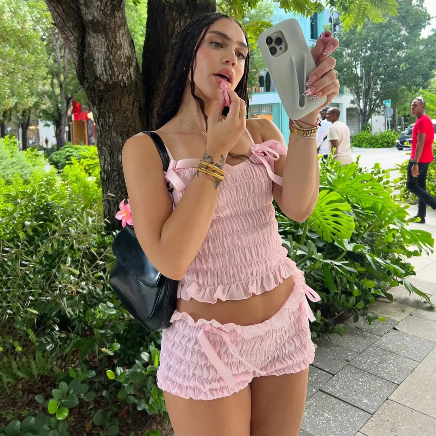 Pink Bowknot Ruched Strap Top And Shorts Set