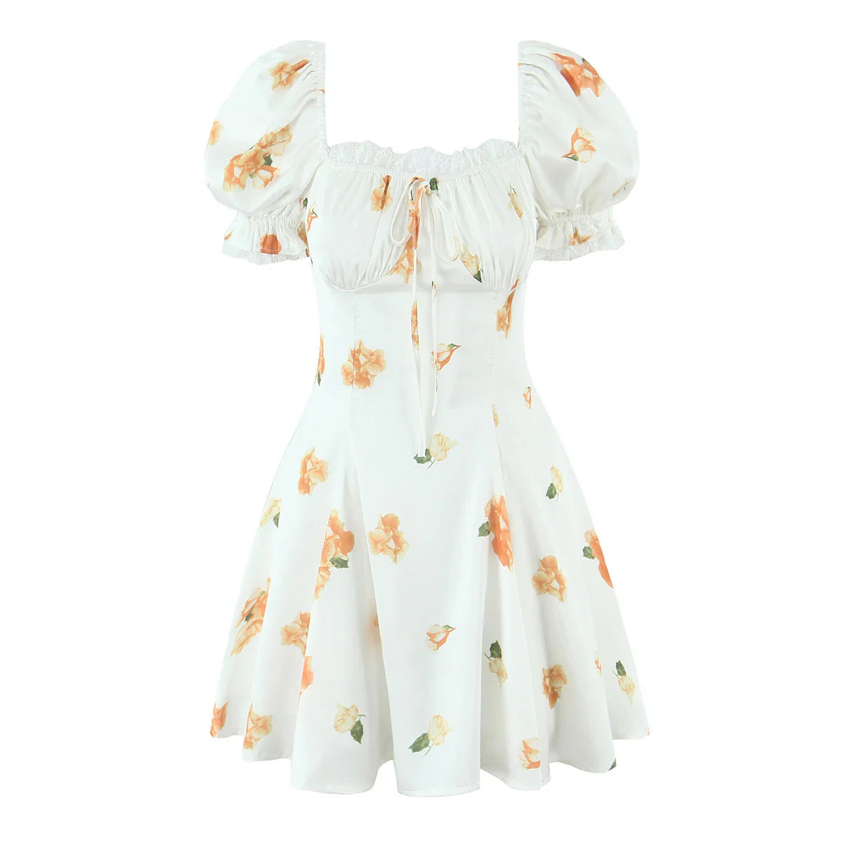 White Floral Puff Sleeve Mini Dress