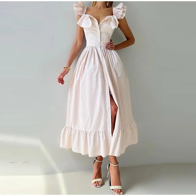Ruffles Striped Square Collar Buttoned Long Dress