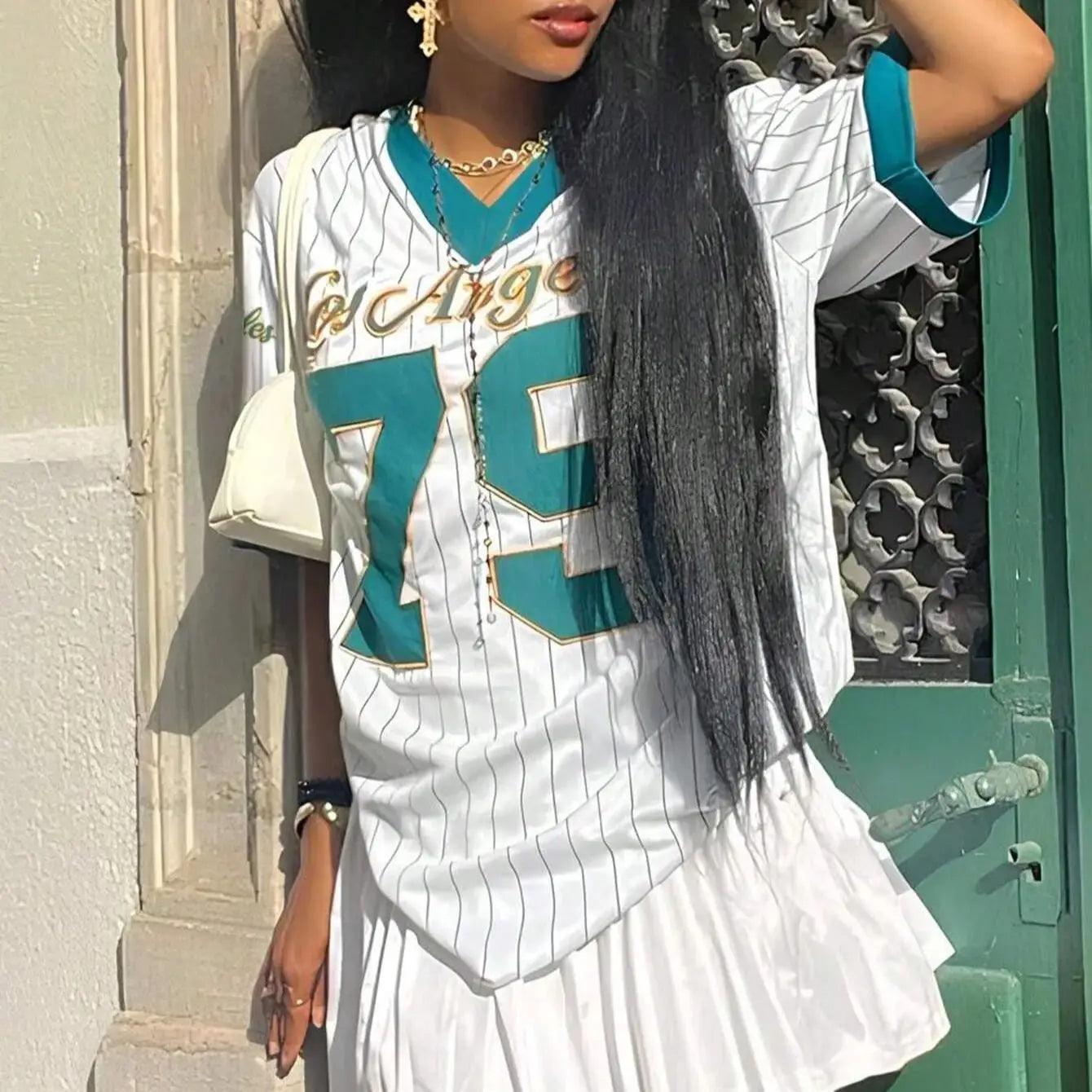 Los Angeles Letter Print V-Neck Jerseys Sport T-Shirt