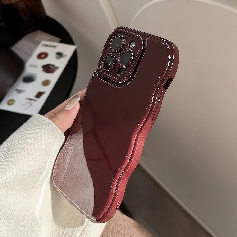Cute Wave Edge Wine Red Color Phone Case For iPhone 16 15 14 13 12 11 Pro Max Soft Silicone Shockproof Back Cover Christmas Gift