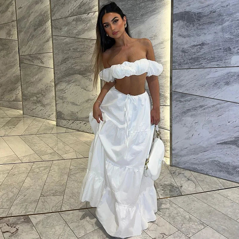 Flower Puff Sleeve Ruffles Crop Top And Maxi Skirt Set