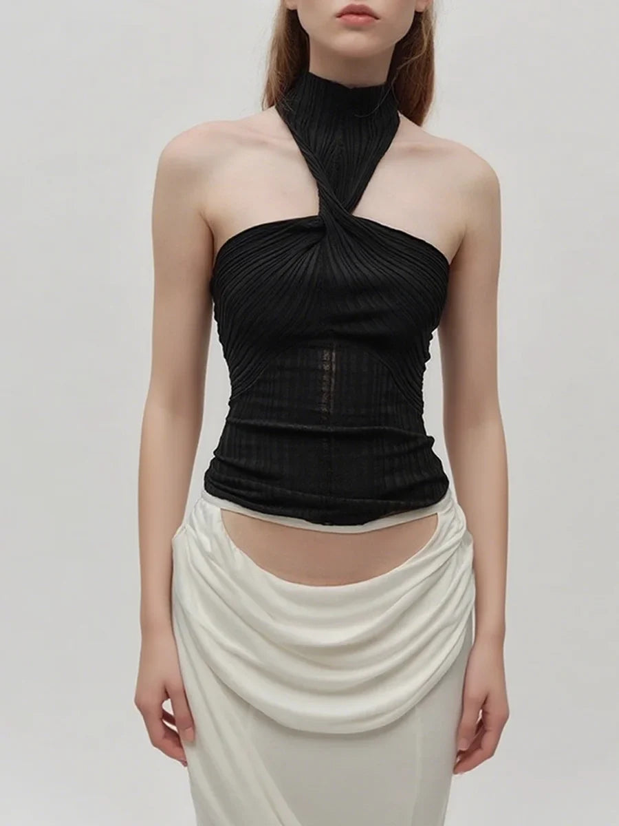 Solid Halter Folds Strapless Top