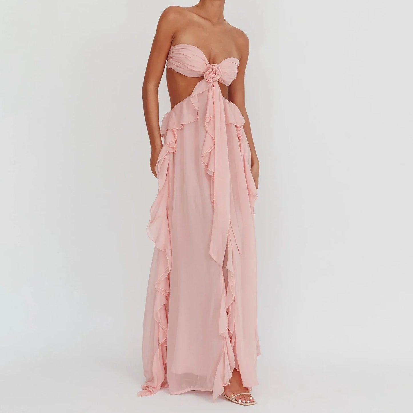 Ruffles Strapless Cut Out Tube Maxi Dress