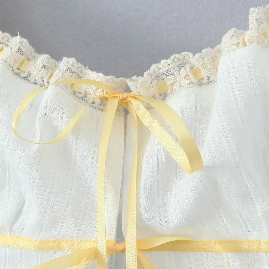 White Ruched Yellow Ribbon Crop Top And Maxi Skirt Set
