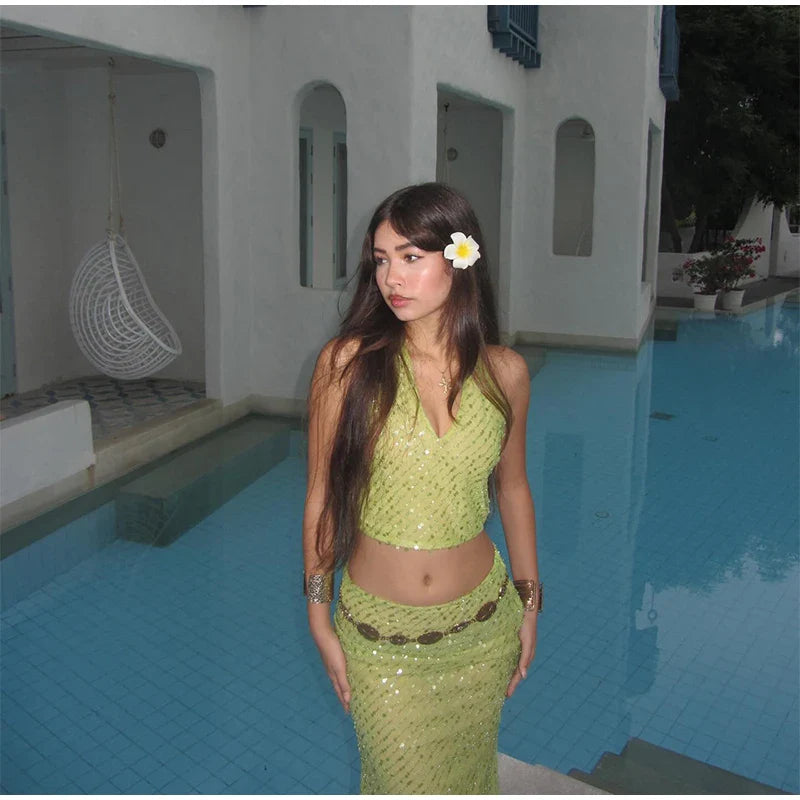 Green Sequin V-neck Halter Tie And Midi Skirt Set